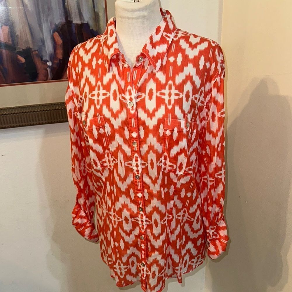 Chico’s Orange/White Patterned Button-Up Shirt Si… - image 6